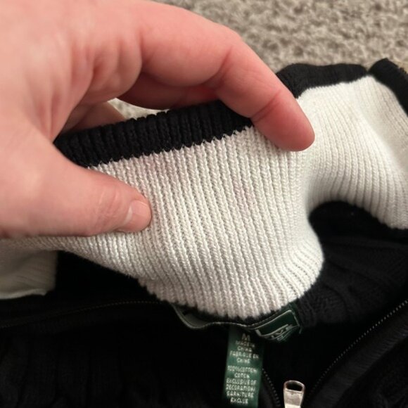 Ralph Lauren Black Cable Knit Full Zip Sweater Jacket RL Crest Logo vintage M - Picture 6 of 7